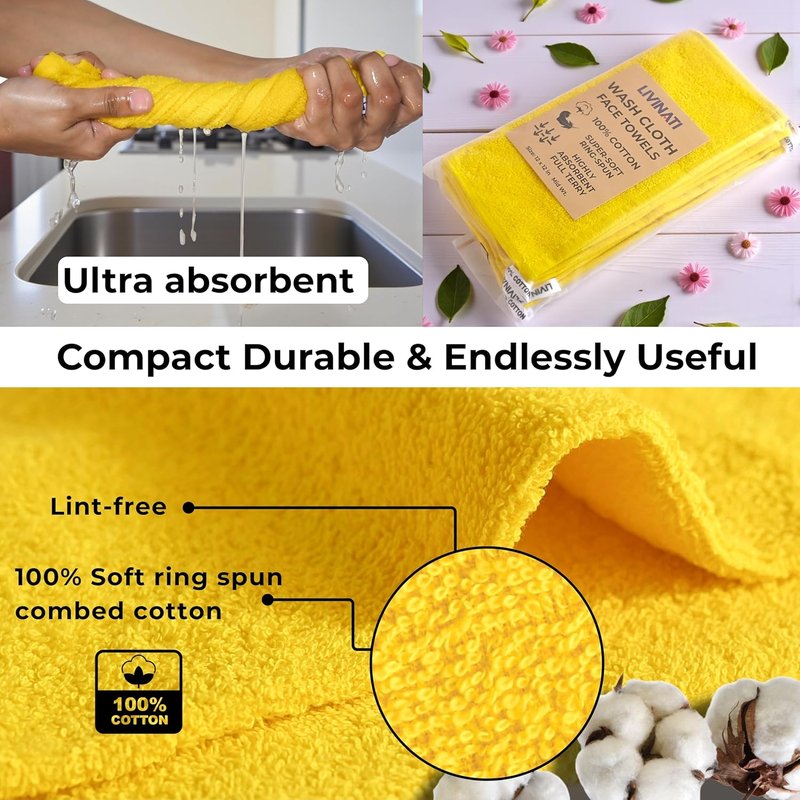 100% Cotton Yellow Wash Cloths - Soft Absorbent Terry Towels | 12"x12" | 6 Pack for Adults & Kids