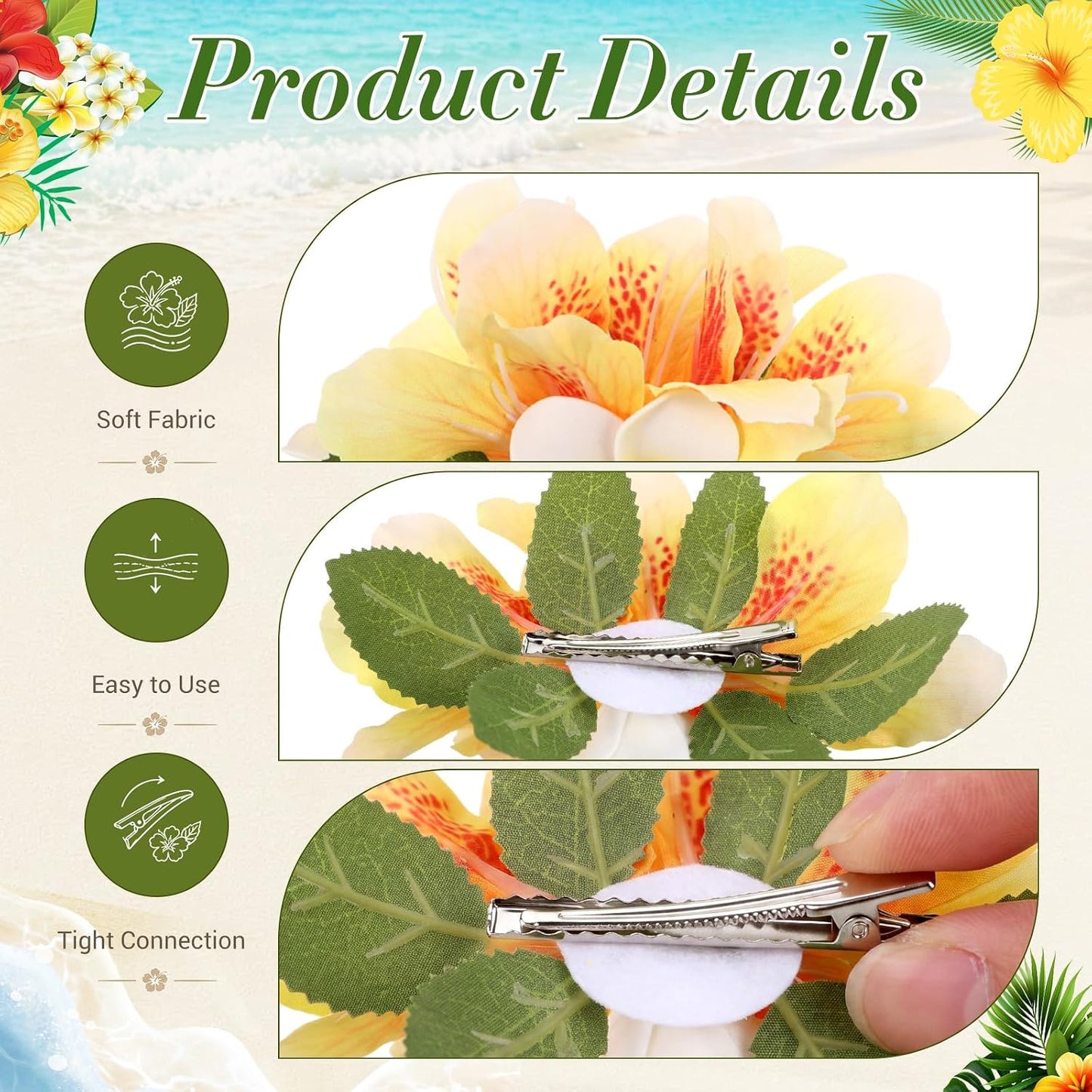 Hawaiian Flower Hair Clips - 6 Pcs Tropical Floral Accessories for Summer Beach Weddings | Large Plumeria & Orchid Design