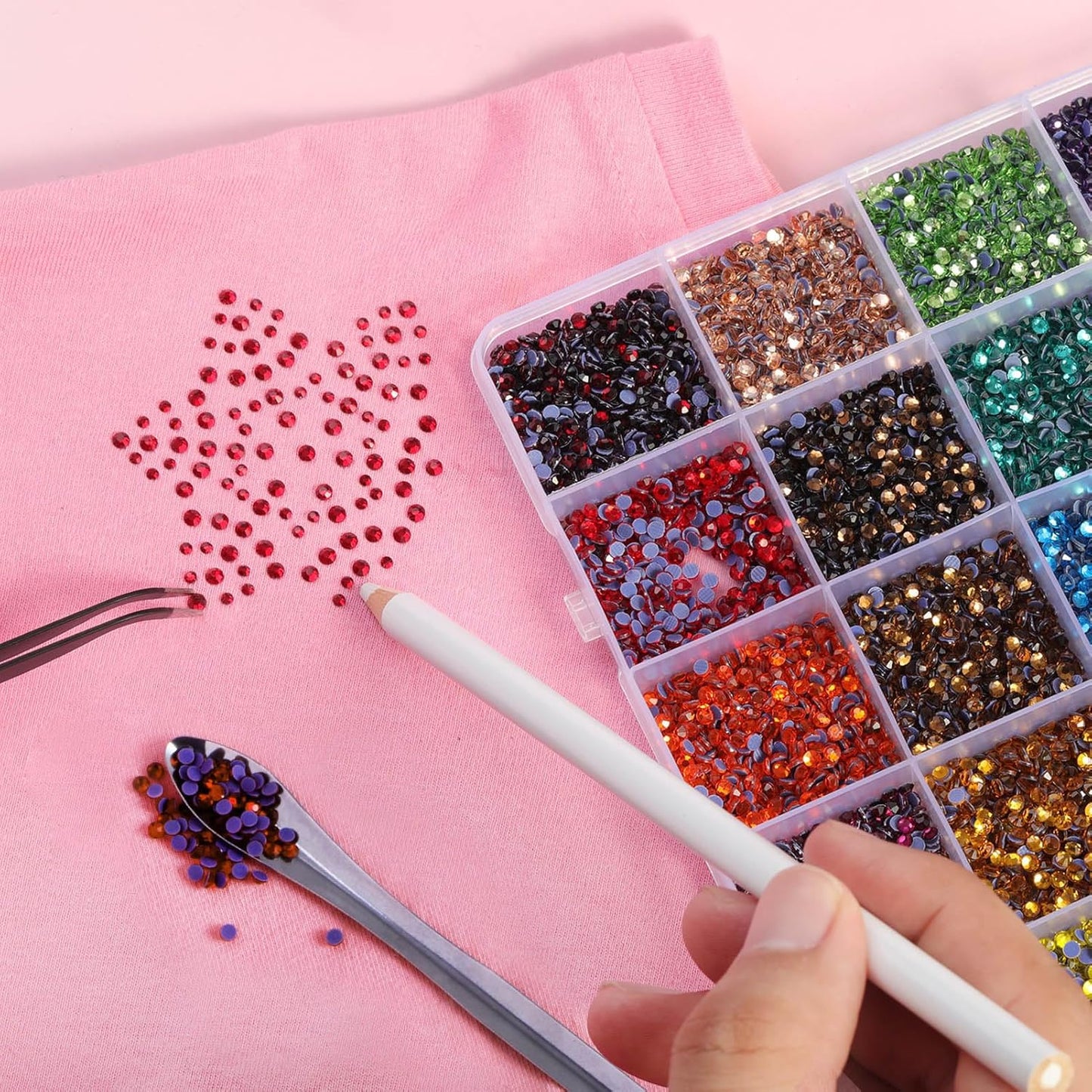 Hotfix Rhinestones - 24 Color Mixed SS10 Craft Crystals with Tweezers, Wax Pencil & Spoon