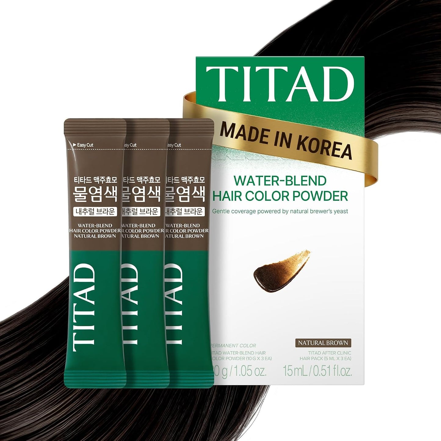 Natural Brown Korean Hair Dye - Ammonia-Free, PPD-Free Color Powder for 100% Gray Coverage | 3 Packets