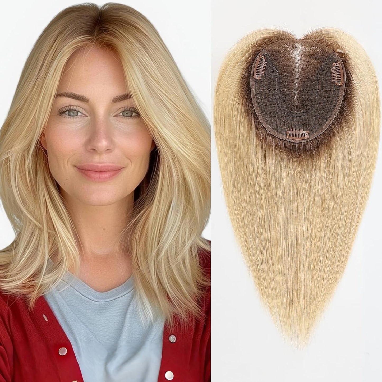 Real Human Hair Toppers for Women - 14 Inch Silk Base | Ash Blonde Mixed Brown with Bangs - 60g