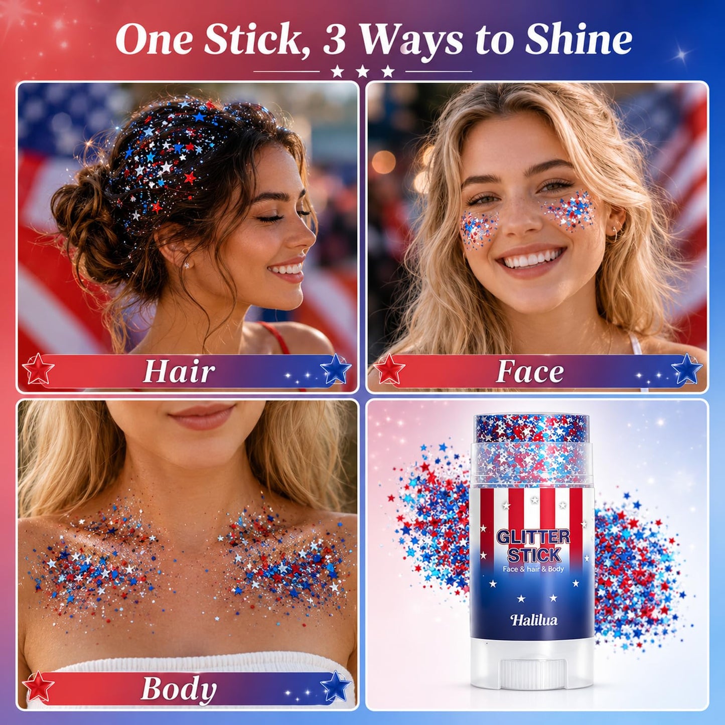 Patriotic 4th of July Glitter Stick, 4th of July Outfits for Women Kids, Red White and Blue Glitter Stick for Memorial Day 250 Anniversary Independence Day, USA Flag Face Body Hair Glitter Accessories
