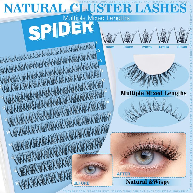 Spider Lash Clusters Kit Breeze D Curly Eyelash Clusters Natural Wispy Lash Extension Kit 8-16MM Fluffy Spider Cluster Eyelash Extensions Clear Thin Band with Lash Bond and Seal DIY Lash at Home
