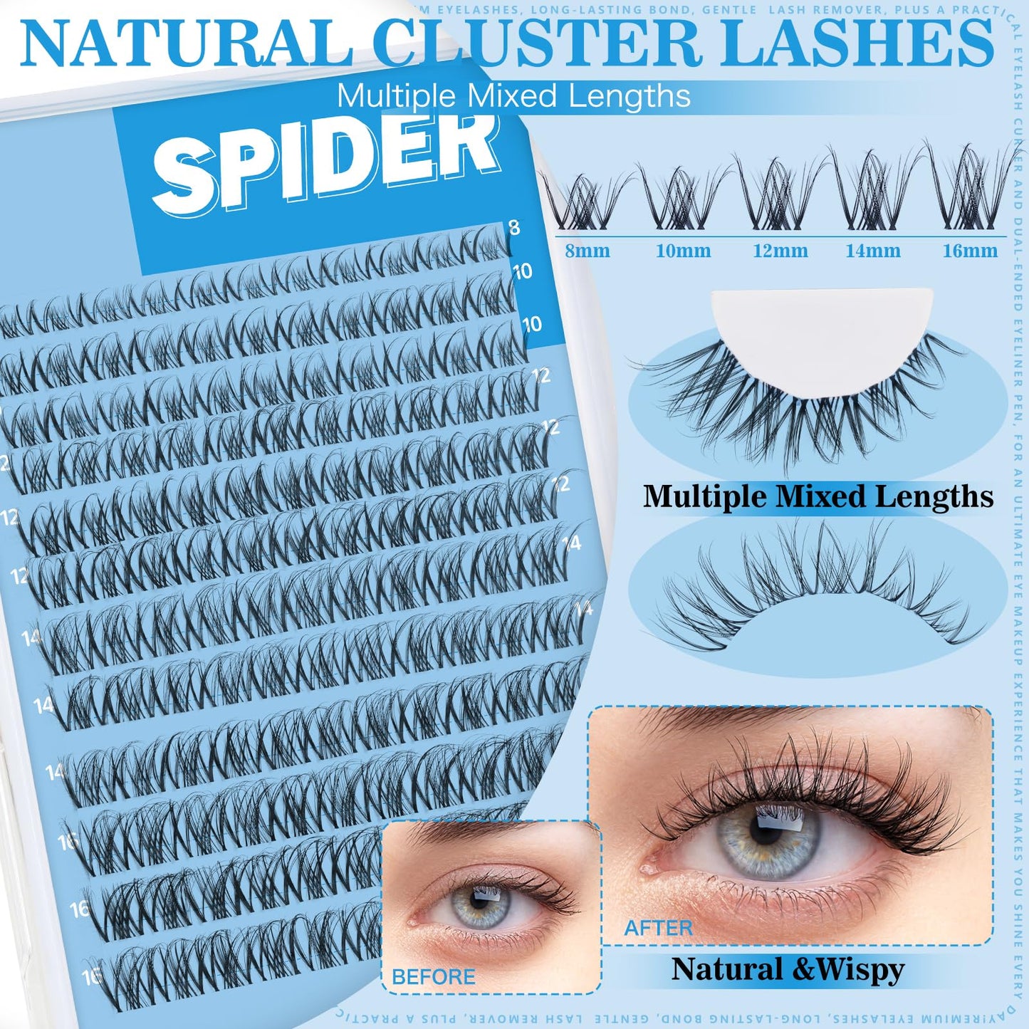 Spider Lash Clusters Kit Breeze D Curly Eyelash Clusters Natural Wispy Lash Extension Kit 8-16MM Fluffy Spider Cluster Eyelash Extensions Clear Thin Band with Lash Bond and Seal DIY Lash at Home