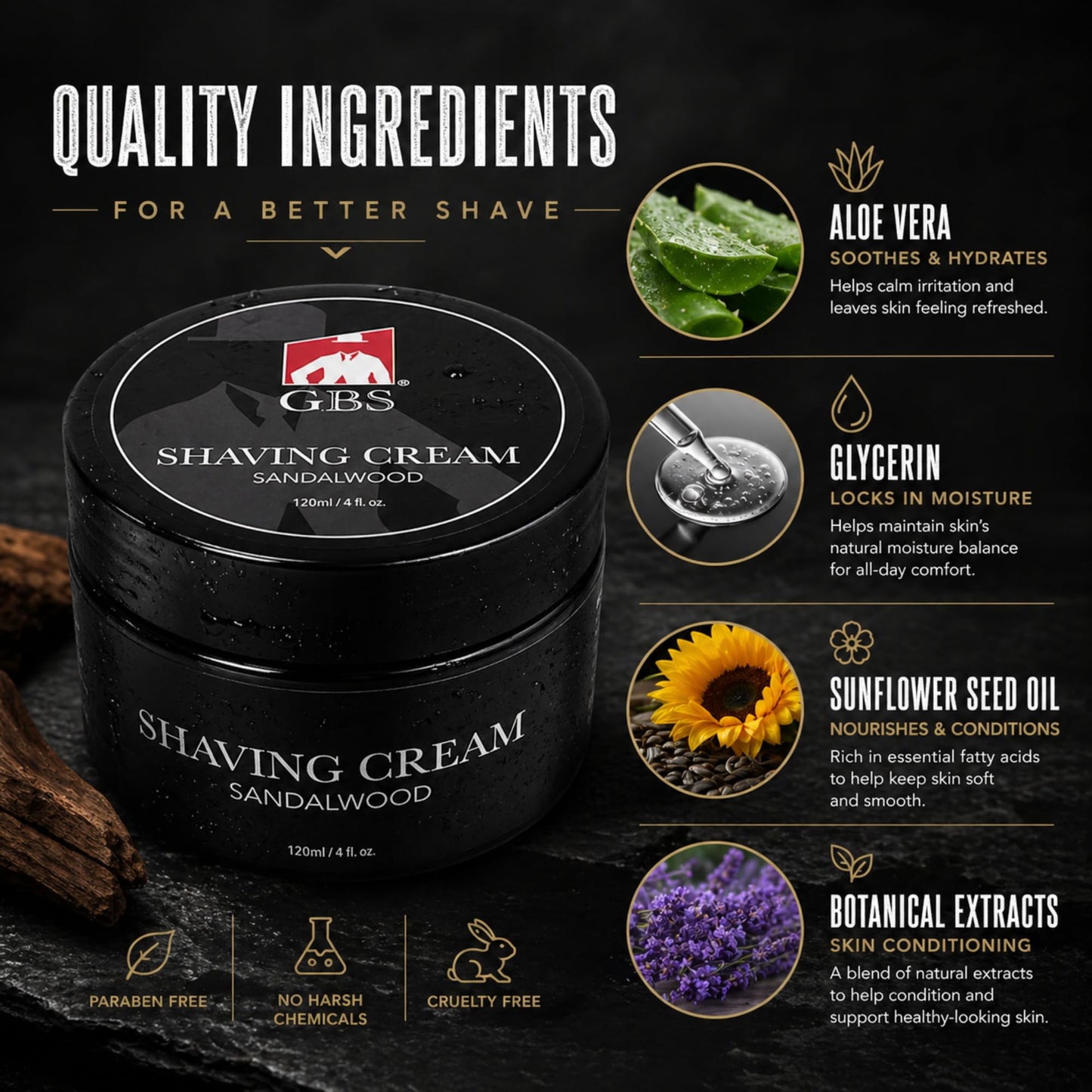 G.B.S Sandalwood Shaving Cream for Sensitive Skin, Hydrates, Nourishes for Close Smooth Shave, Protects Skin from Cuts, Bumps, Redness and Irritation Pack of 1