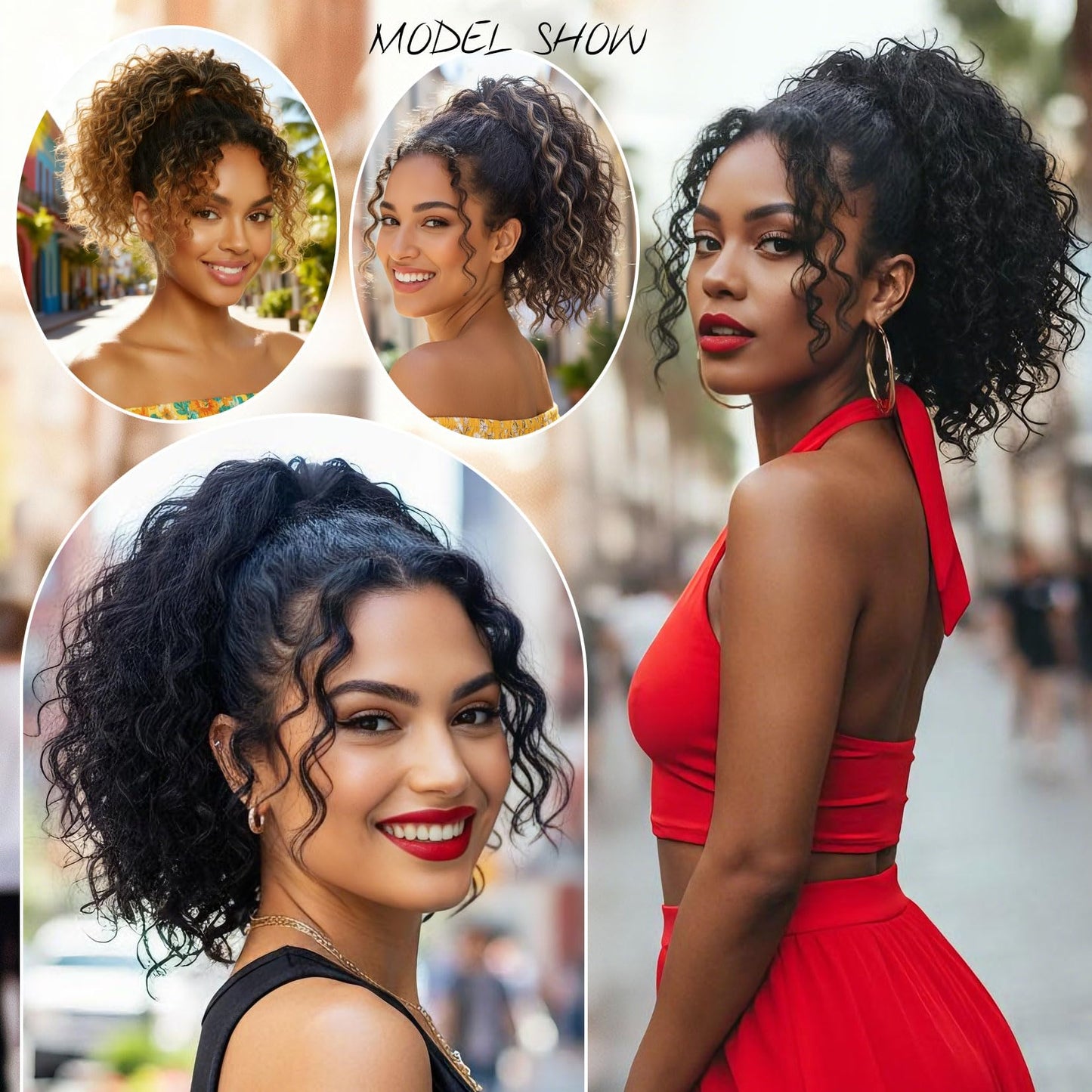 Detean 10 inch Ponytail Extension Drawstring Ponytail for Black Women Short Wavy Curly Ponytails Fluffy Natural Looking Pony Tails Hair Extensions Synthetic Hairpiece (1B)