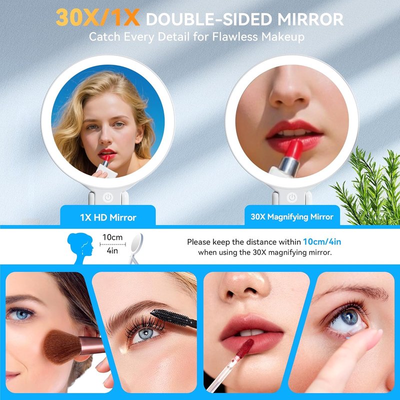 Travel Makeup Mirror with Lights - Double-Sided 30X/1X Magnifying | Portable Handheld with 3 Color Lighting & Adjustable Brightness