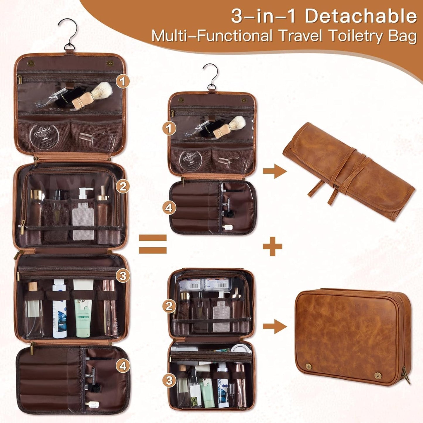 Personalized Toiletry Bag for Men - Large Waterproof PU Leather | 3-in-1 Shaving Kit with Laser-Engraved Initials - Light Brown M