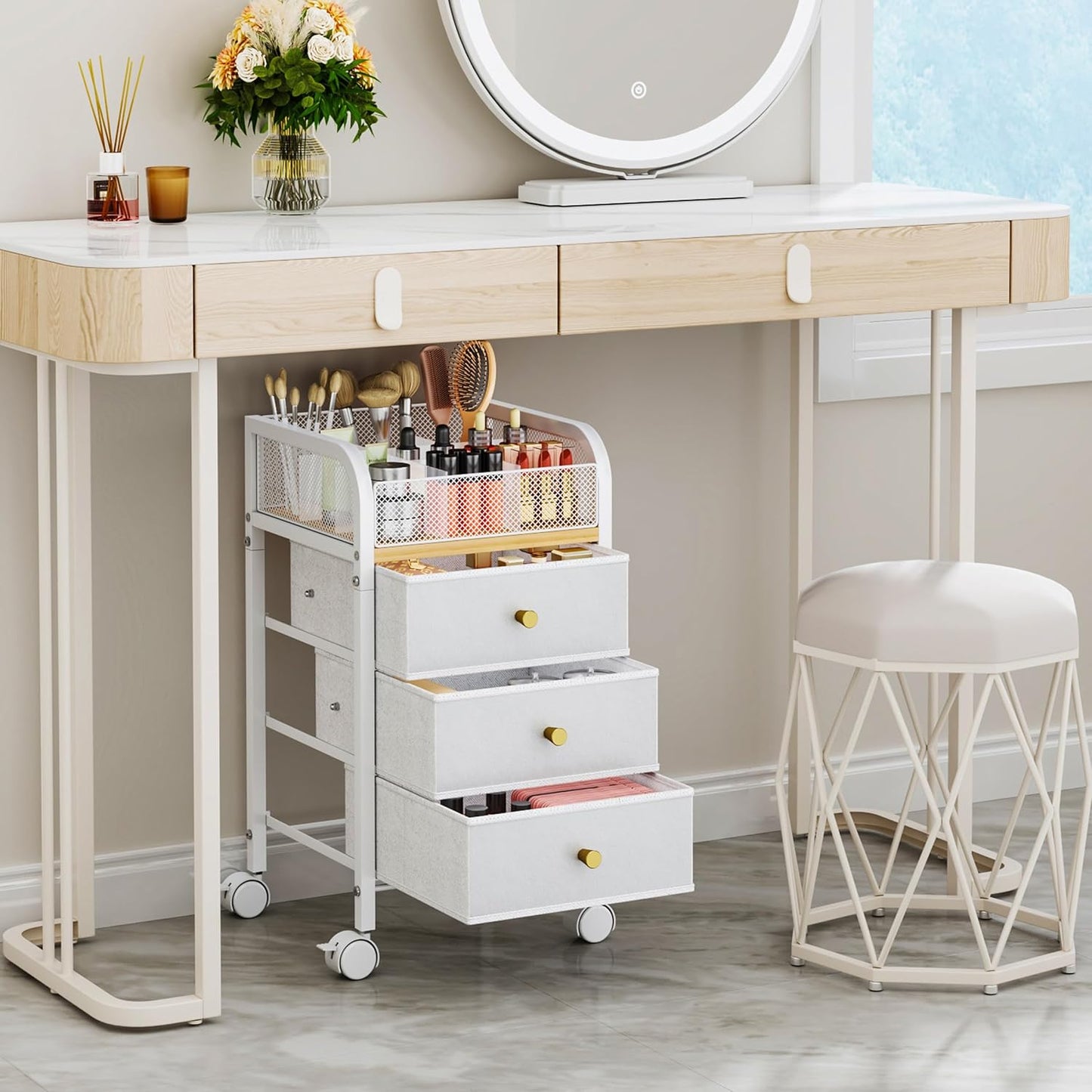 Rolling Makeup Organizer Cart - Under Desk Vanity Storage with 3 Drawers | Cosmetic Display & Nail Tool Cabinet