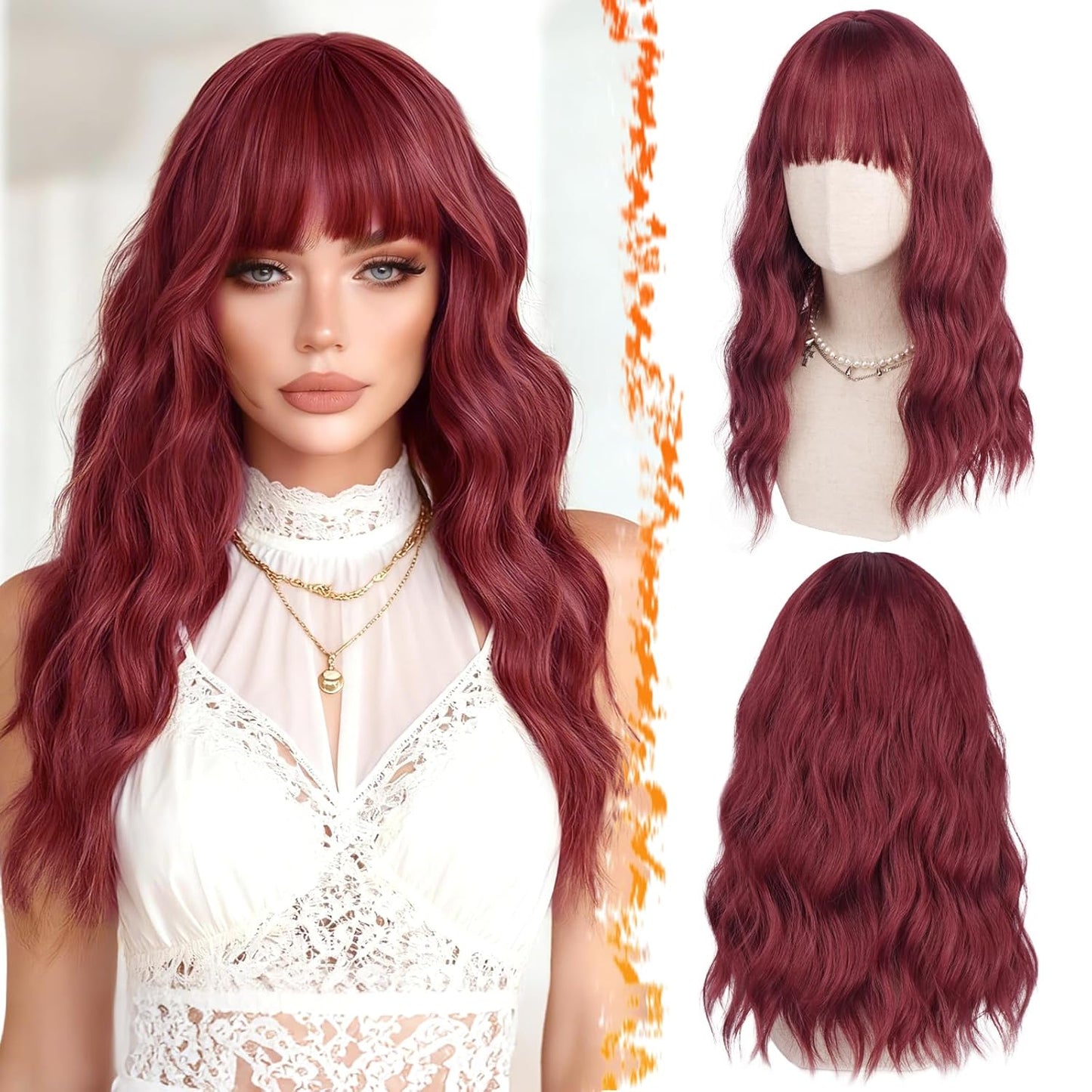 Long Wavy Blonde Curtain Bangs Wig - 26" Synthetic Ombre Wig with Dark Roots | Soft Natural Look