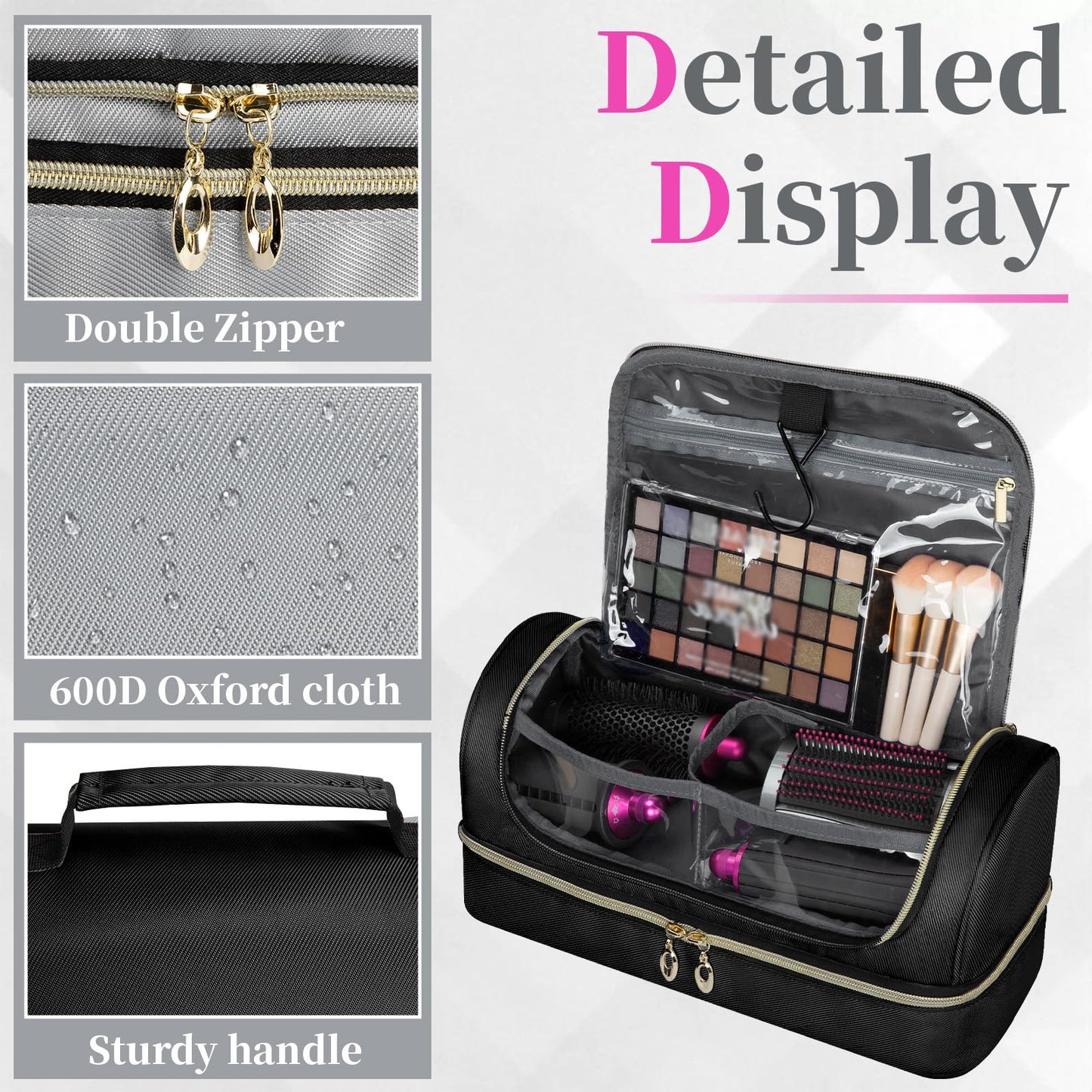 Wigojoy Travel Carrying Case Compatible with Dyson Airwrap Flexstyle/Shark Flex Fushion and Attachments, Portable Storage Bag for Hair Styling Tools with Metal Hanging Hook, Black (Bag Only)