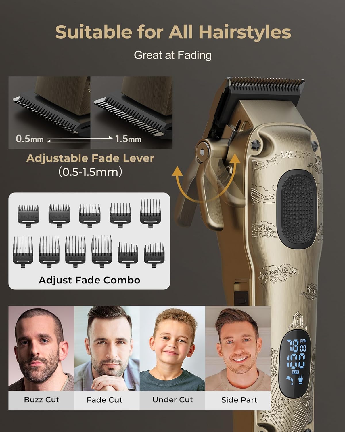 VGRPRO Hair Clippers for Men - Professional Cordless Hair Cutting Set | Electric Trimmer with Case (Golden)