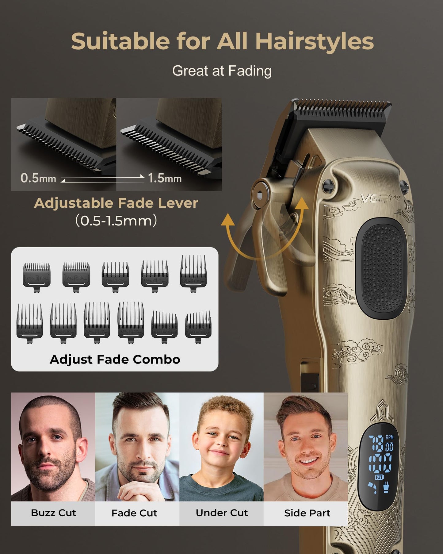 VGRPRO Hair Clippers for Men Professional, Cordless Hair Clippers for Hair Cutting, Mens Clippers and Trimmers Set, Electric Hair Trimmer for Men with Package Case (Gloden)