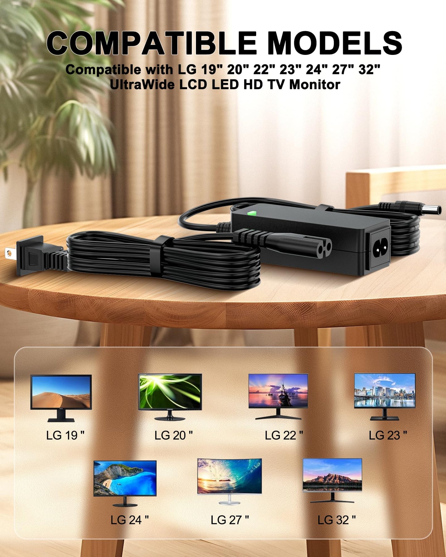 WUKUR 19V DC Power Supply Compatible with LG Monitor Power Cord Replacement Compatible with LG 19" 20" 22" 23" 24" 27" 32" UltraWide LCD LED HD TV Monitor