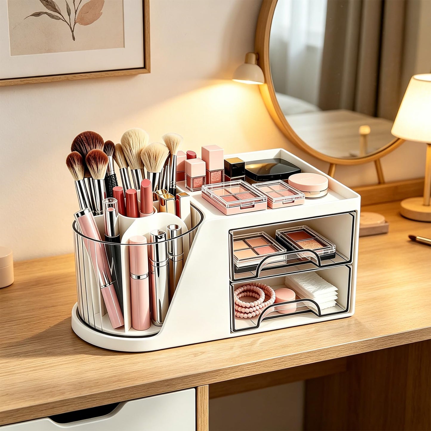 Neehows Makeup Organizer with 360°Rotating Brush Holder & 2 Drawers - White