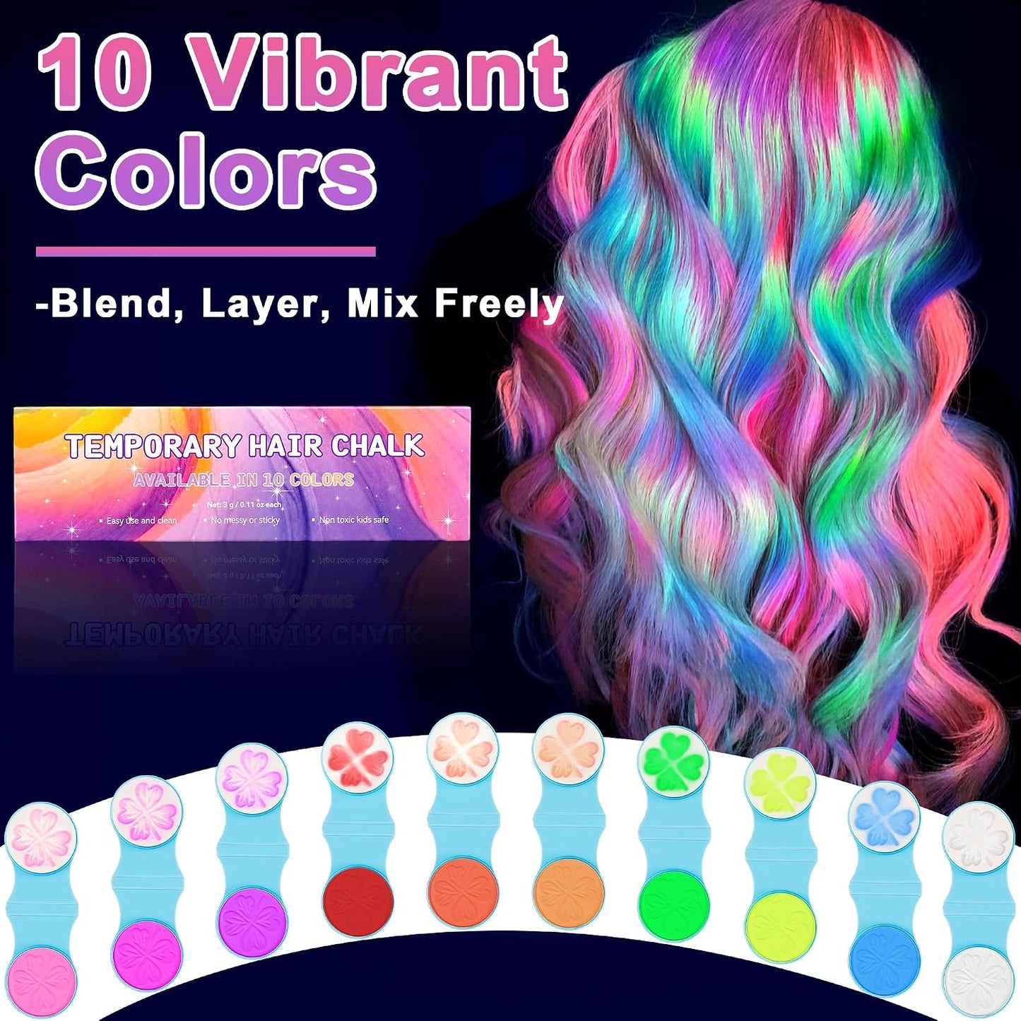 Temporary Hair Chalk - UV Glow Neon Hair Dye Kit for Women | 10 Washable Colors for Parties & Cosplay
