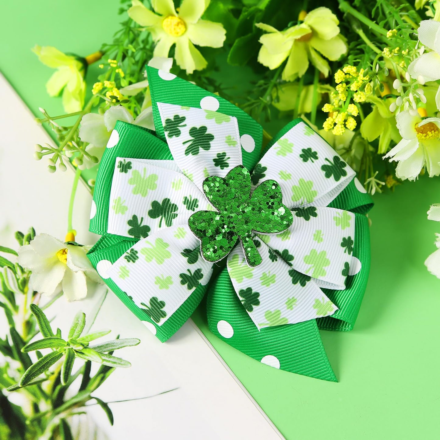 2 Pack St Patricks Day Hair Bows Green Glitter Clover Alligator Clips Girls Women Shamrock Irish Party Accessories
