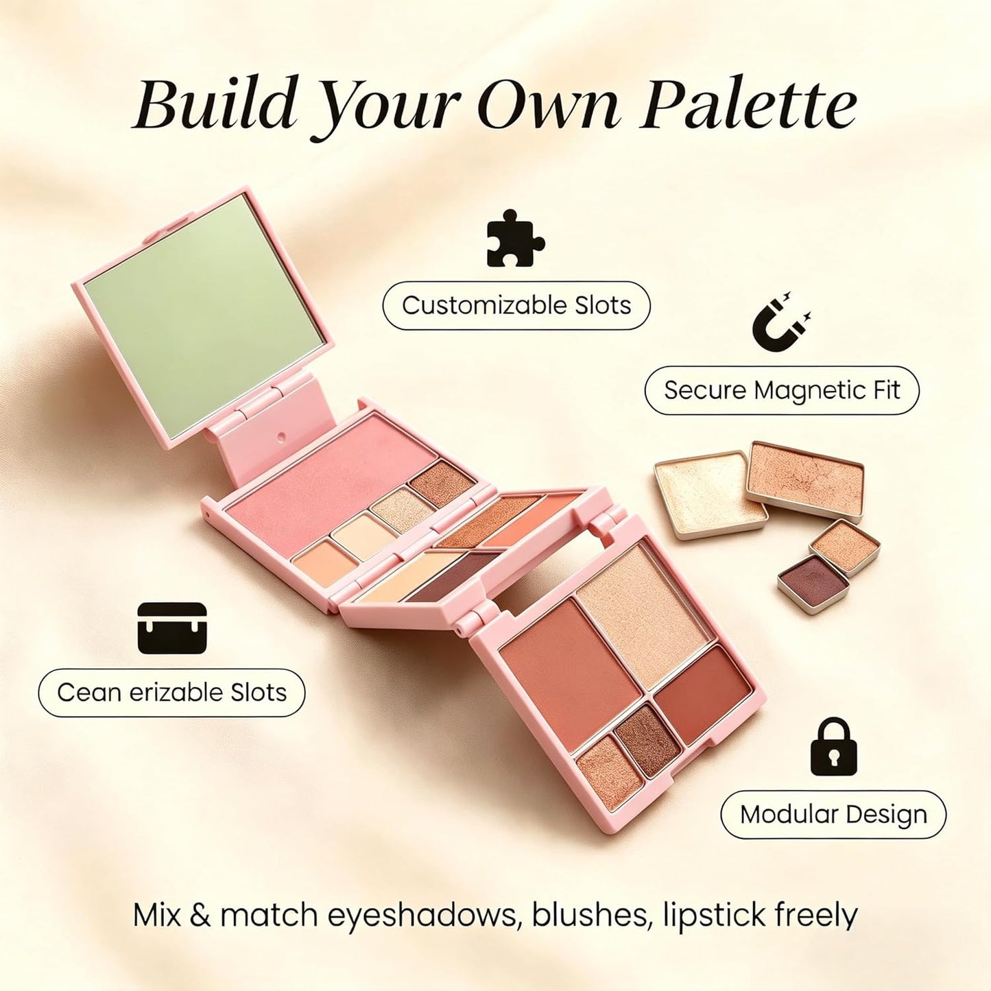 Magnetic Makeup Palette - 3-Layer Foldable Pink Palette with Dividers & 13 Empty Pans | DIY Lipstick Organizer, 20% Larger