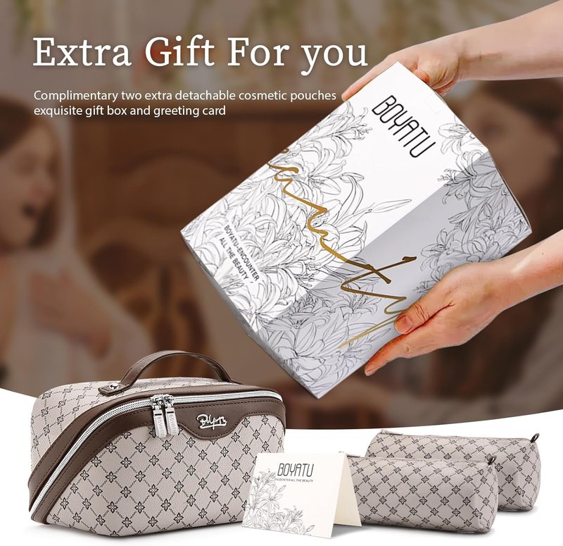 Travel Makeup Bag Set - Large Capacity Vegan Leather Cosmetic Organizer with Handle | 3 Pcs Khaki