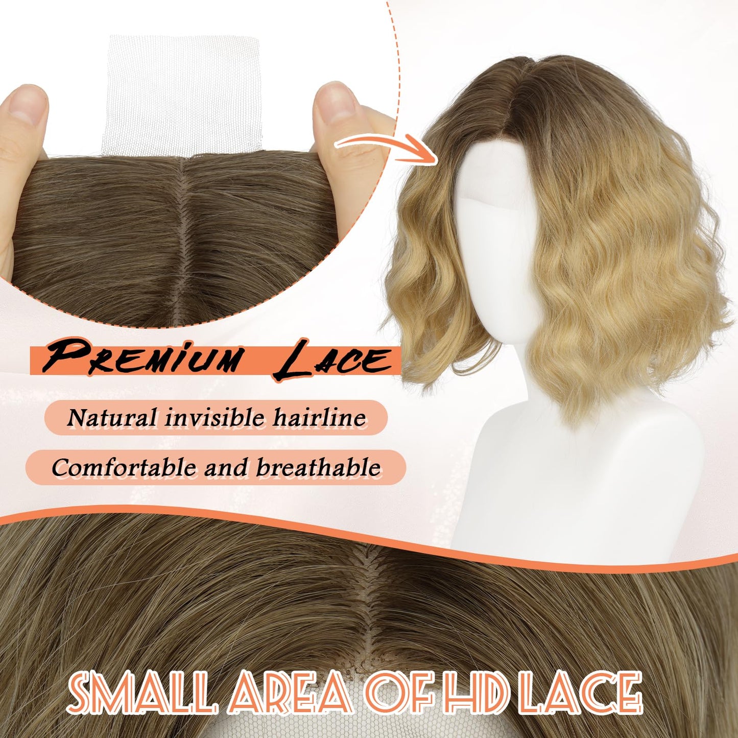 Haloo Blonde Bob Wig for Women Lace Front Hairline Short Soft Wavy Curly Natural Looking Middle Part Synthetic Hair Wigs for Daily Party, 11 Inch Ombre Blonde