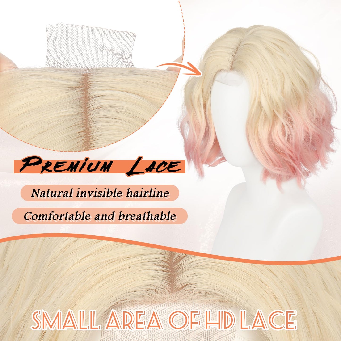 Haloo Pink Bob Wig for Women Lace Front Hairline Short Soft Wavy Curly Natural Looking Middle Part Synthetic Hair Wigs for Daily Party, 11 Inch Blonde Pink