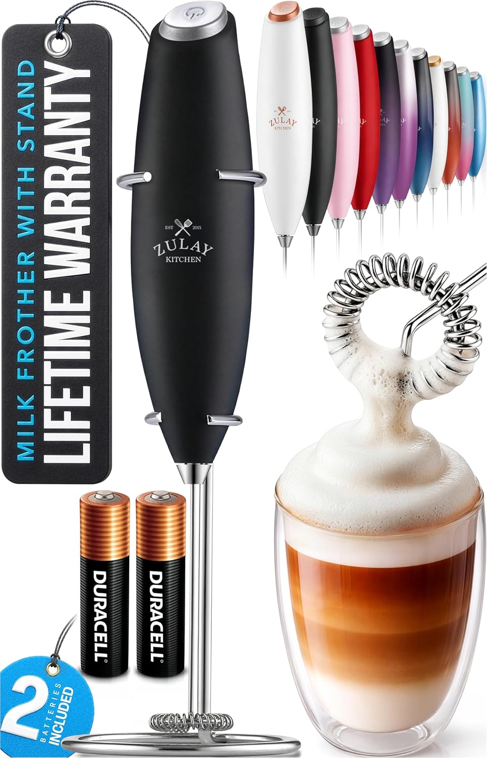 Zulay Kitchen Milk Frother Wand - Ultra Fast Electric Whisk for Coffee, Lattes & Matcha - Black