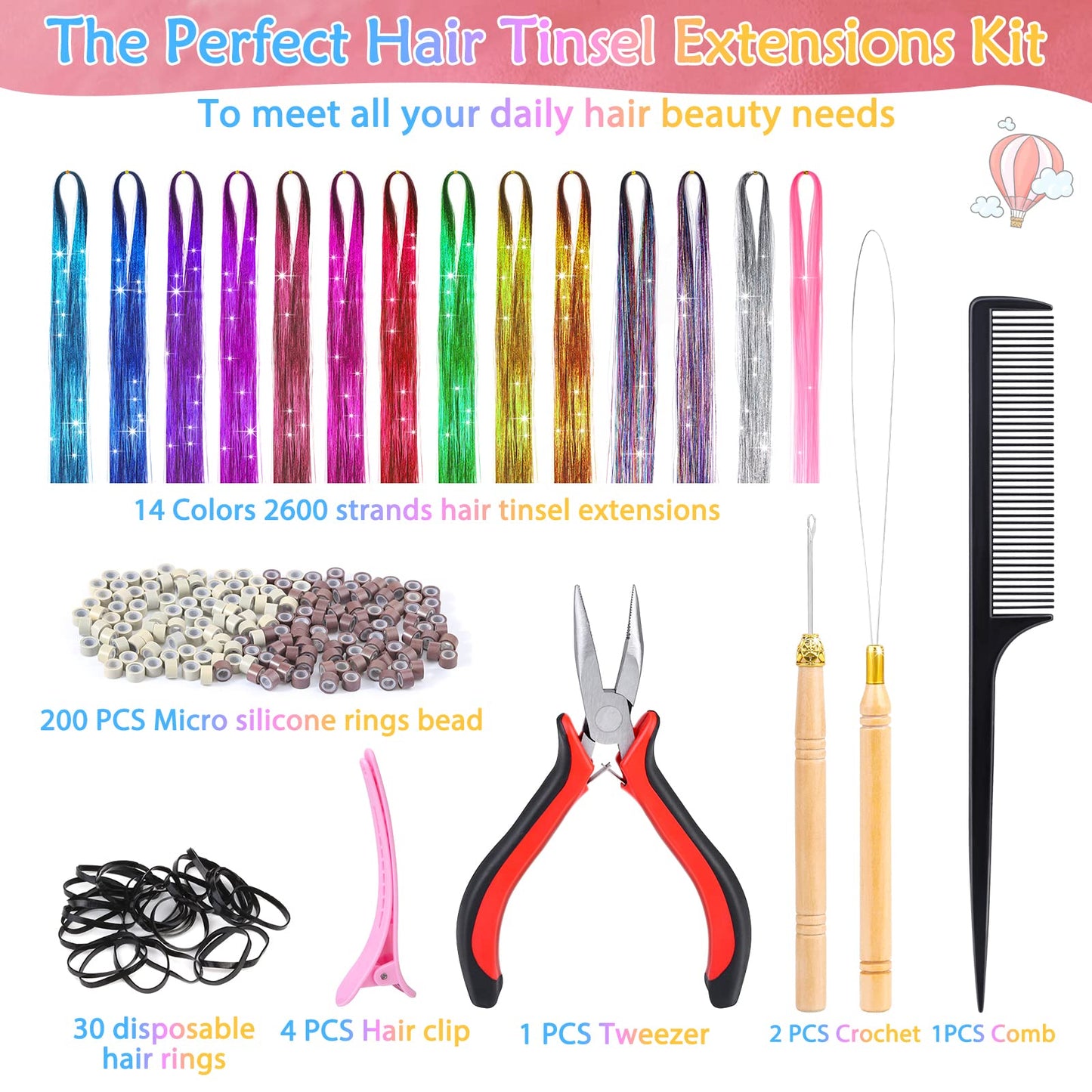 14 Colors Hair Tinsel Kit with Tool, 47 inch 2800 Strands Tinsel Hair Extensions for Women Girls, Fairy Hair Tinsel Glitter Sparkling Shiny Colorful Synthetic Hair for Party Daily Life Fashion