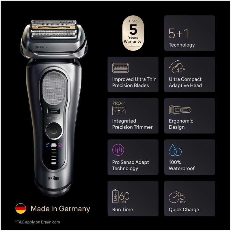 Braun Electric Razor for Men Series 9 PRO+ Electric Foil Shaver with Precision Trimmer and 6in1 SmartCare Center, Silver, 9667cc