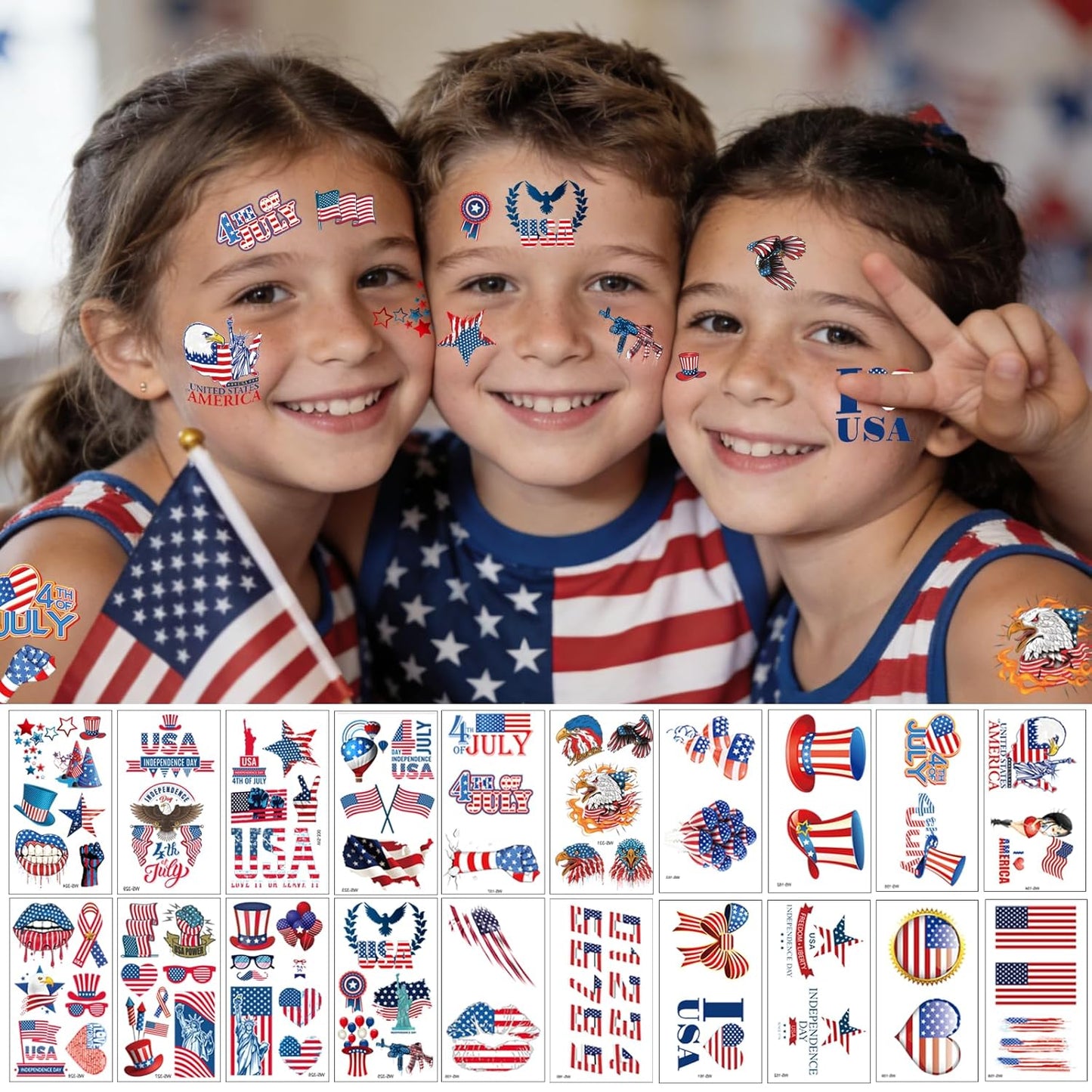 Waterproof 4th of July Temporary Tattoos for Kids | 20 Sheets of Patriotic Red, White & Blue USA Stickers with Flag & Fireworks