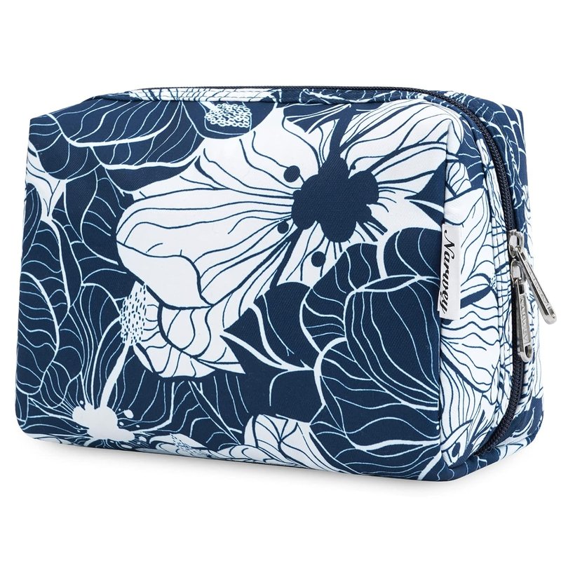 Cute Makeup Bag Organizer - Travel Cosmetic Bag with Compartments for Women | Large Blue Lotus Design