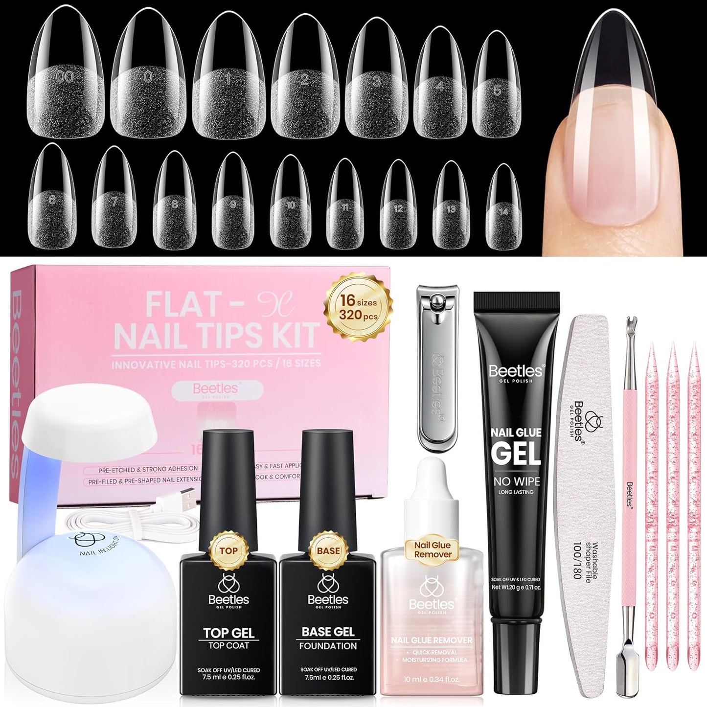 Beetles Gel Nail Kit - Almond Short Nail Tips with Glue & Mini Lamp | 320pcs, 16 Sizes for DIY Acrylic Press-On Nails