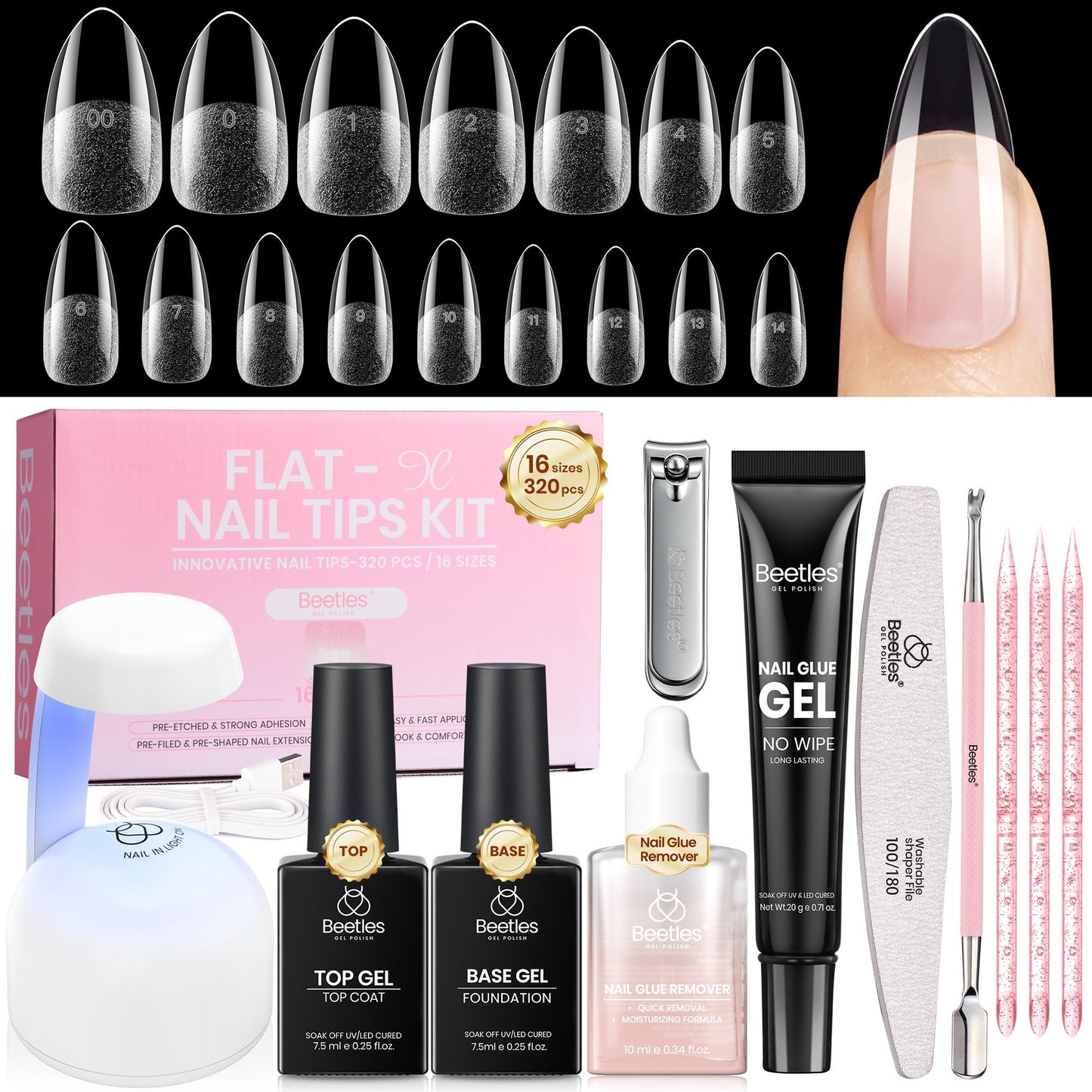 Beetles Gel Nail Kit Flat-X, Almond Medium, 320pcs 16 Sizes Nail Tips, 20g Nail Glue Hand-Free,10ml Glue Remover, 7.5ml Base Gel & Top Coat, Mini Lamp, Acrylic Press On Nail, Extension DIY at Home