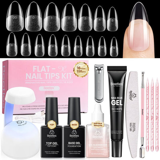 Beetles Gel Nail Kit Flat-X, Almond Medium, 320pcs 16 Sizes Nail Tips, 20g Nail Glue Hand-Free,10ml Glue Remover, 7.5ml Base Gel & Top Coat, Mini Lamp, Acrylic Press On Nail, Extension DIY at Home