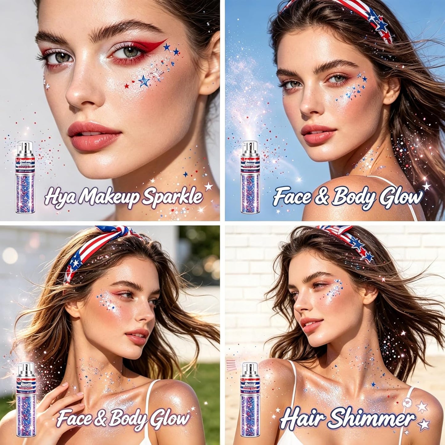 Patriotic Body Glitter Spray - Red, White & Blue Shimmer for 4th of July | Face, Hair & Nail Art Accessory