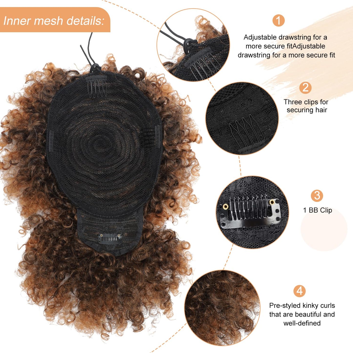 Afro Puff Drawstring Ponytail with Bangs,Short Caramel Brown Mix Natural Black Kinky Curly Synthetic Drawstring Ponytail Extension for Black Women Hair Bun Fluffy Updo for Daily and Party Use 1B/30