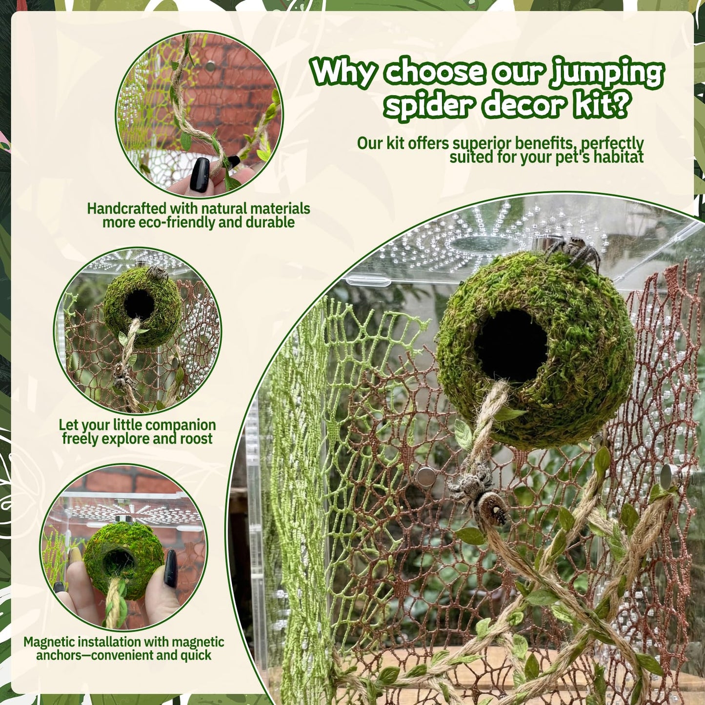 Magnetic Jumping Spider Hideout,Habitat Décor Kit - Handmade Moss Hideout with Climbing Rope,Hemp Rope Bridge,2Pcs Climbing Web& Loose Moss,Fun Enclosure Accessories for Climbing & Hiding (4.5cm)