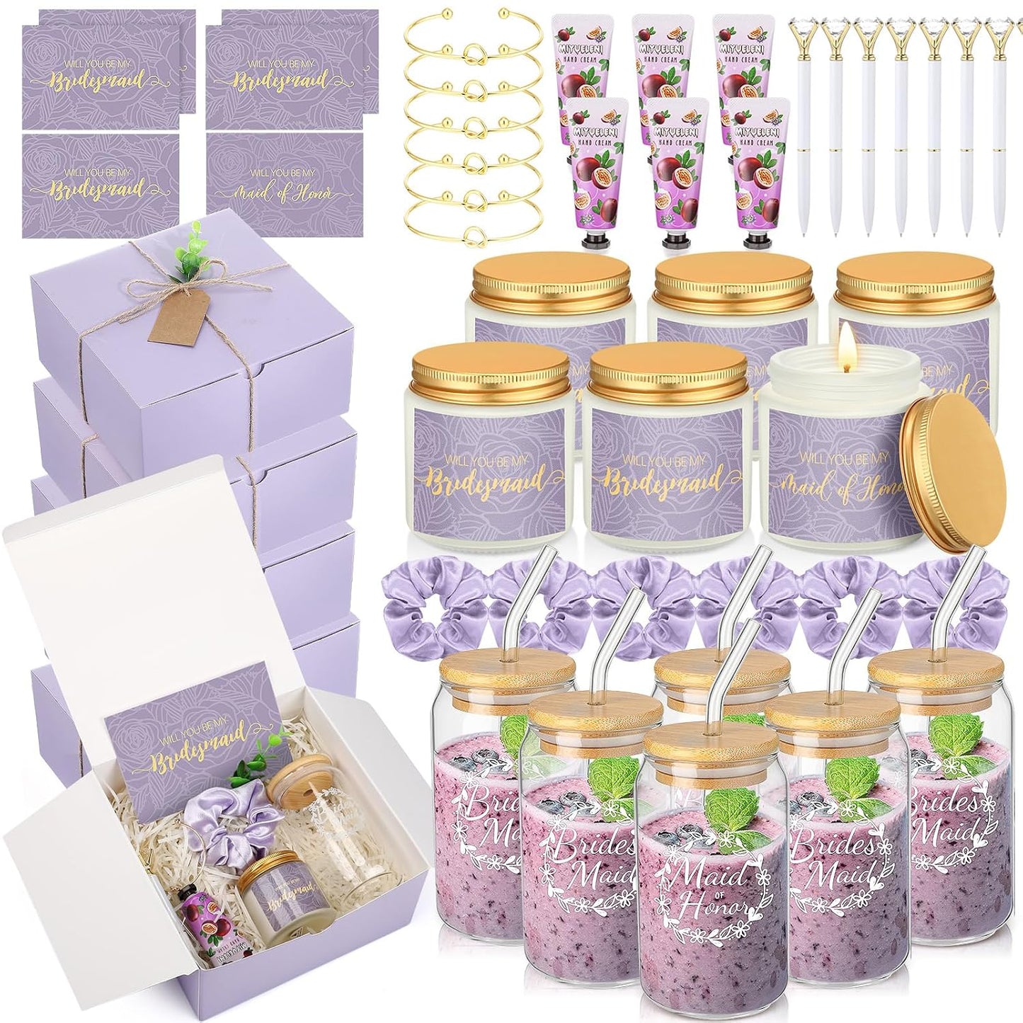 Bridesmaid Proposal Gifts Box Set - 60 Pcs Including Glass Cup, Candle, Cards & More | Black