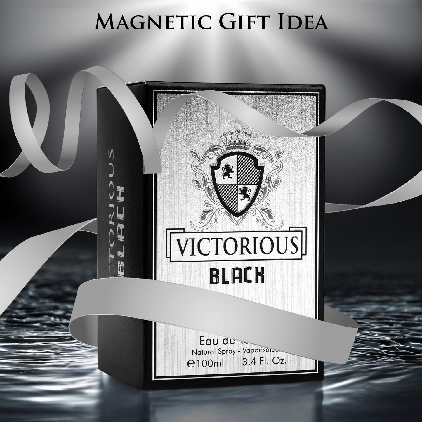 Victorious Black for Men Eau De Toilette 3.4 Fl Oz- Top Notes of Juicy Mandarin Orange & Grapefruit Blended with Sea Notes Base Notes of Ambergris, Guaiac Wood, Patchouli & Moss Elegant 100ml Bottle