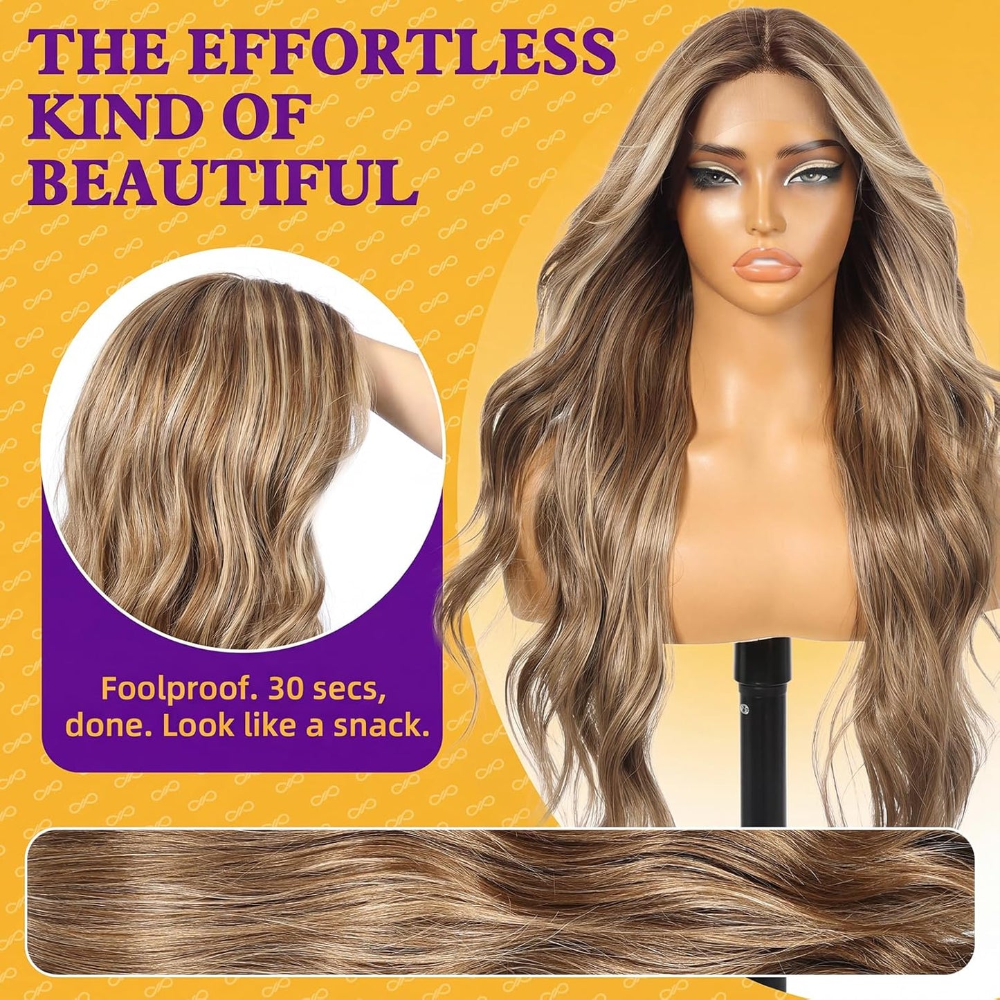 KOME Ash Brown Synthetic Lace Front Wig - T Part Glueless Long Body Wavy Style | 28 Inch with Bangs for Women