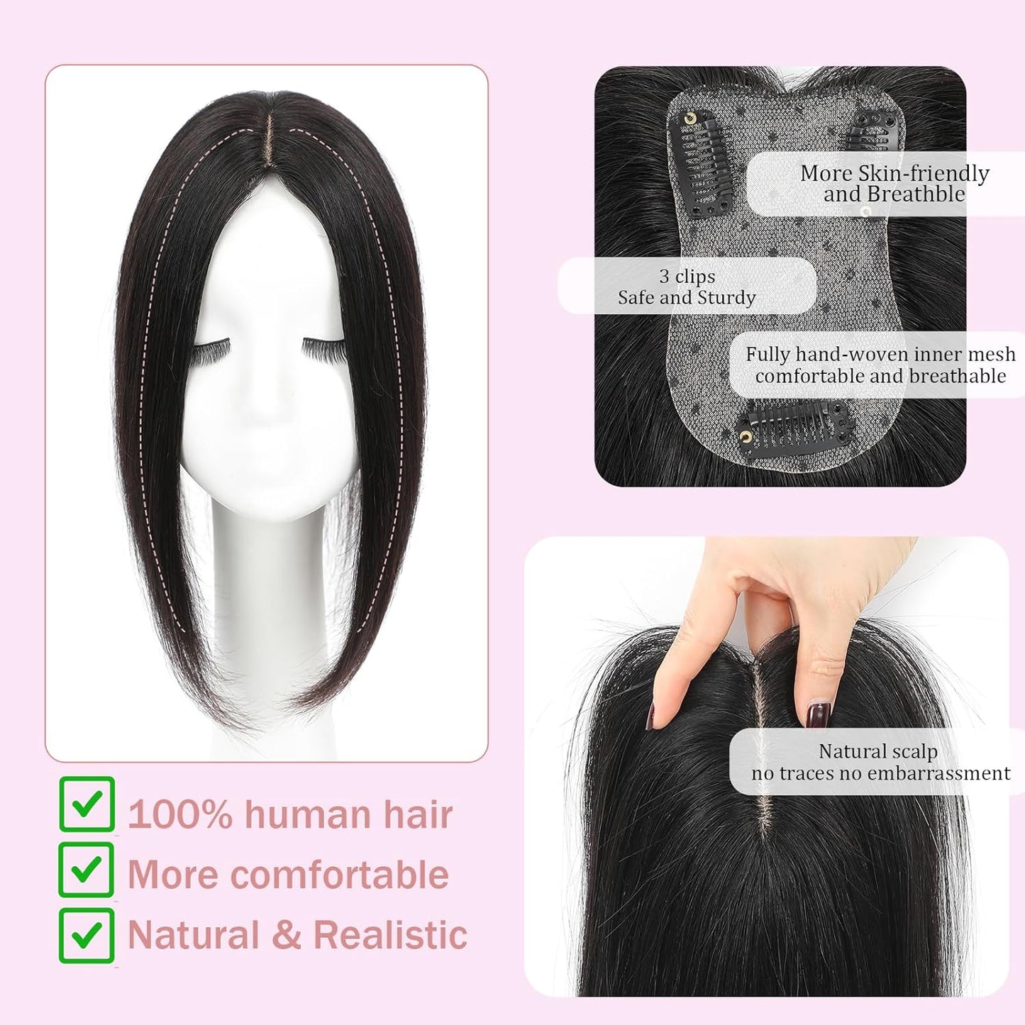 Hair Toppers for Women - Real Human Hair 360° 3D Hairpieces with Wispy Clip-In Bangs | Natural Scalp Line (Black)