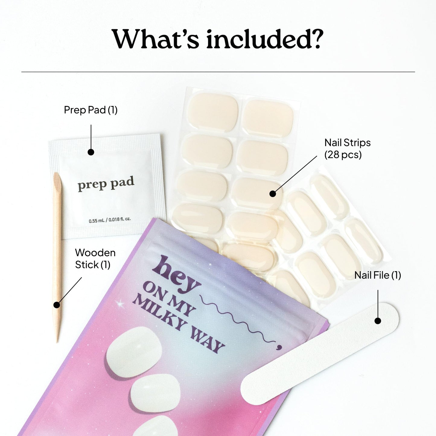 Heyhae Semi Cured Gel Nail Strips | No LED Lamp Needed | White, Jelly | Easy Apply & Remove, Salon Quality | Includes 28 Strips, 2 Prep Pads, Nail File & Wooden stick - Hey, On My Milky Way