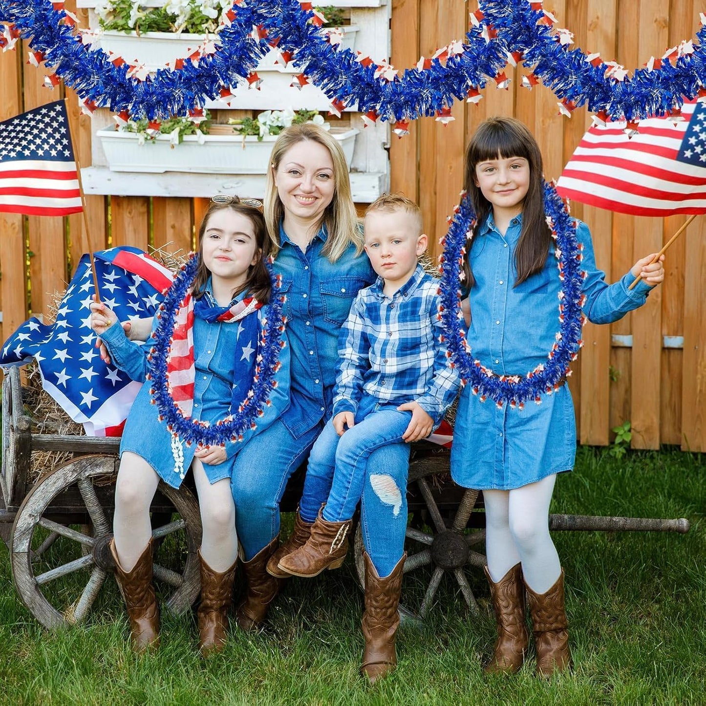 4th of July Decorations - Red, White & Blue Metallic Tinsel Garland for Holiday Parties | 50FT
