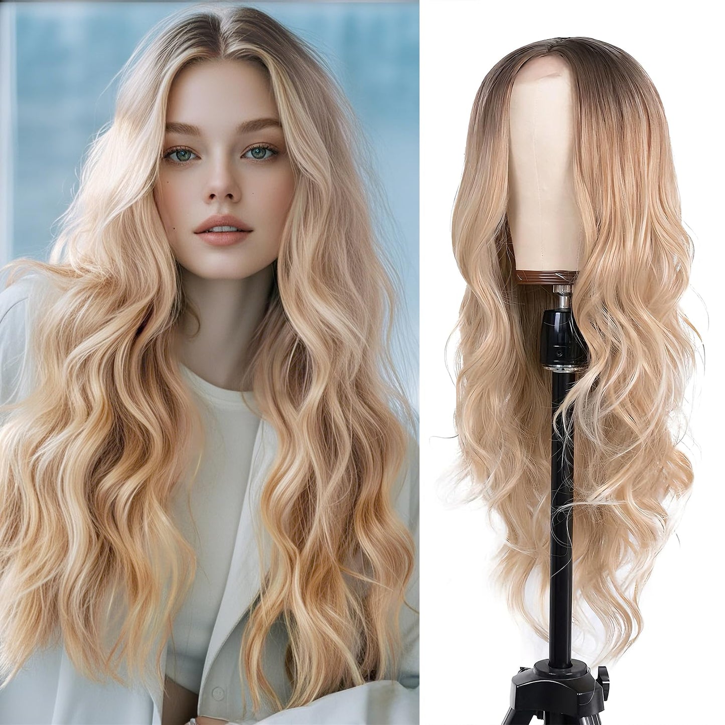 Ombre White Wig - 26 Inch Long Wavy Synthetic Hair for Daily Wear | Cosplay & Halloween