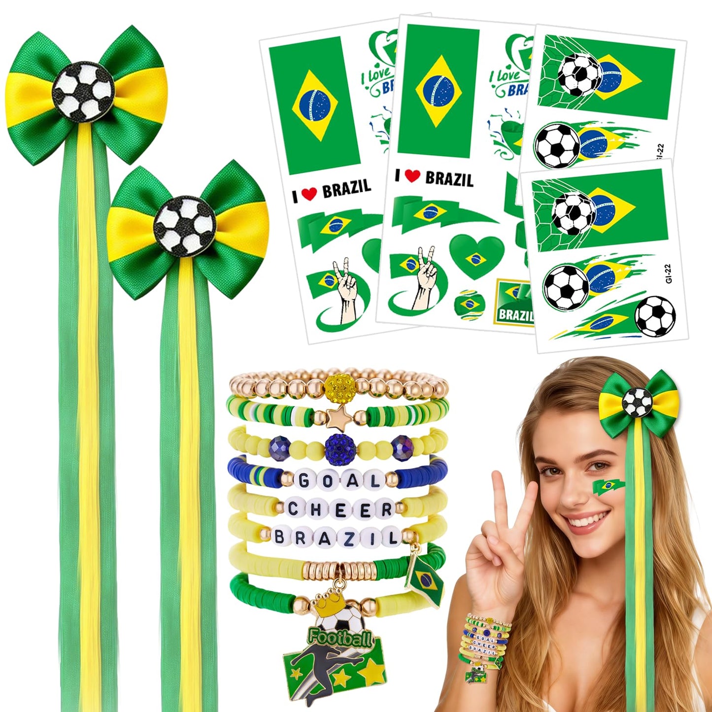 Ksheria 2026 Soccer BRAZIL Adult Supporter Kit – 7PCS National Team Fan Accessories with Wig Hair Clip, Bracelets & Patriotic Face Decals for Stadium Events & Game Day (BRAZIL)