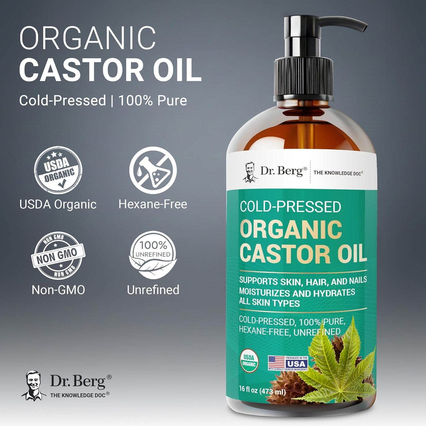 Organic Castor Oil - 16 fl oz Cold-Pressed Pure & Unrefined | USDA Organic, Lab Tested, Glass Bottle