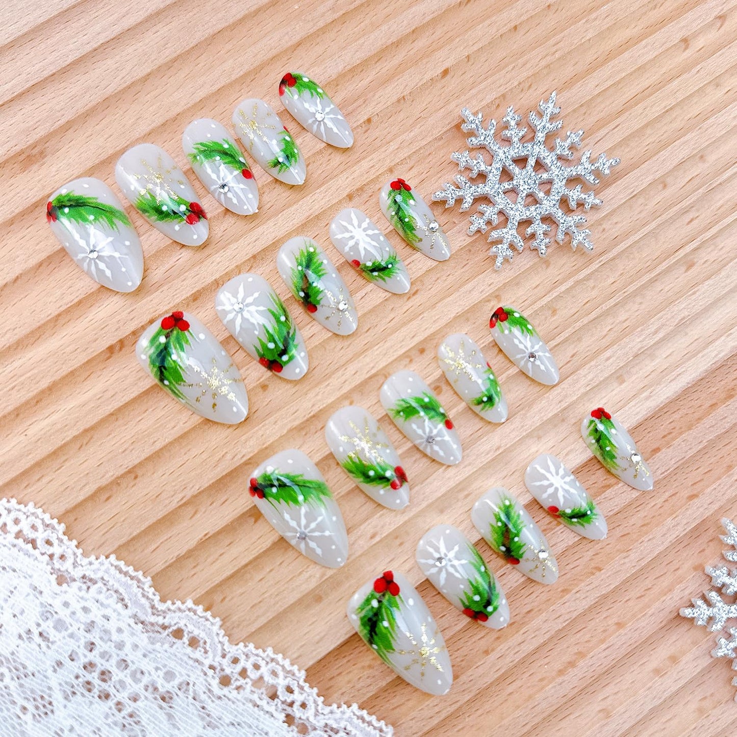 Christmas Press-On Nails - Medium Almond Winter Snowflake Design | 24 Pcs Acrylic Full Cover with Diamond Accents