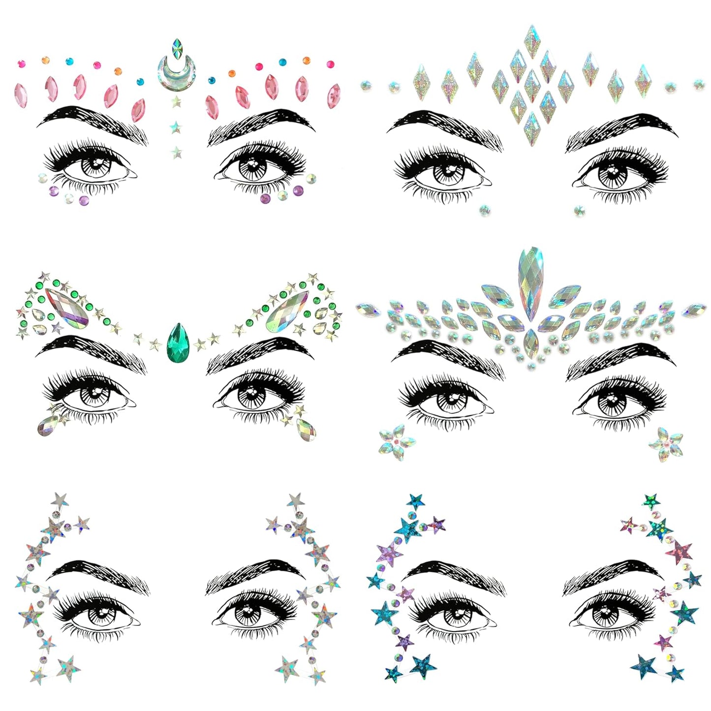 Gemstone Face Stickers - 8 Pcs Rhinestone Face Jewels for Festivals | Halloween & Christmas Party Decor
