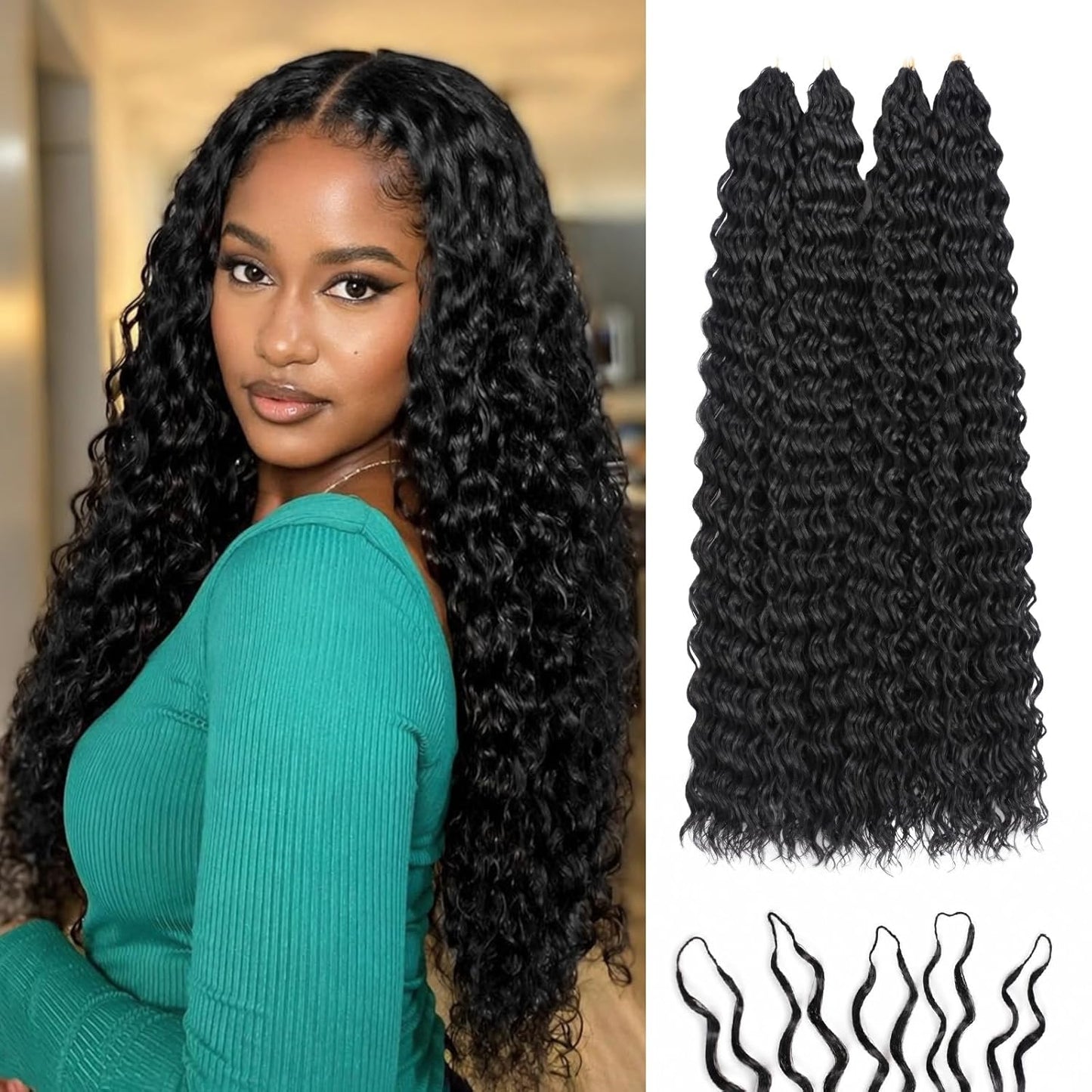 Miracle Knots | Deep Wave Feather Crochet Hair Extensions - 14" Soft Cotton Core, 50 Strands, Glue-Free Knotless (Natural Black)
