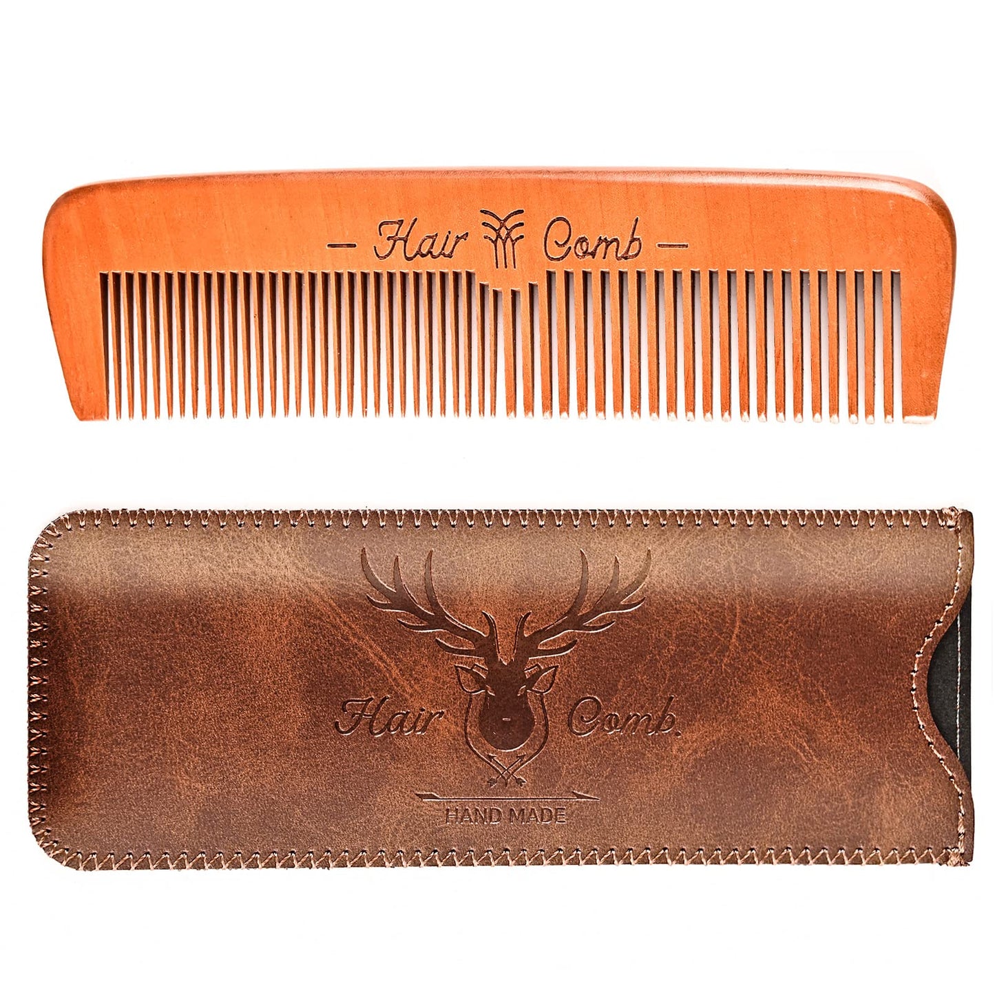 Menesia Wooden Hair Combs for Men & Women, Mens Wood Beard Comb with Leather Travel Case, Womens Combs for Hair, Kids Comb, Mens comb - Brown Deer