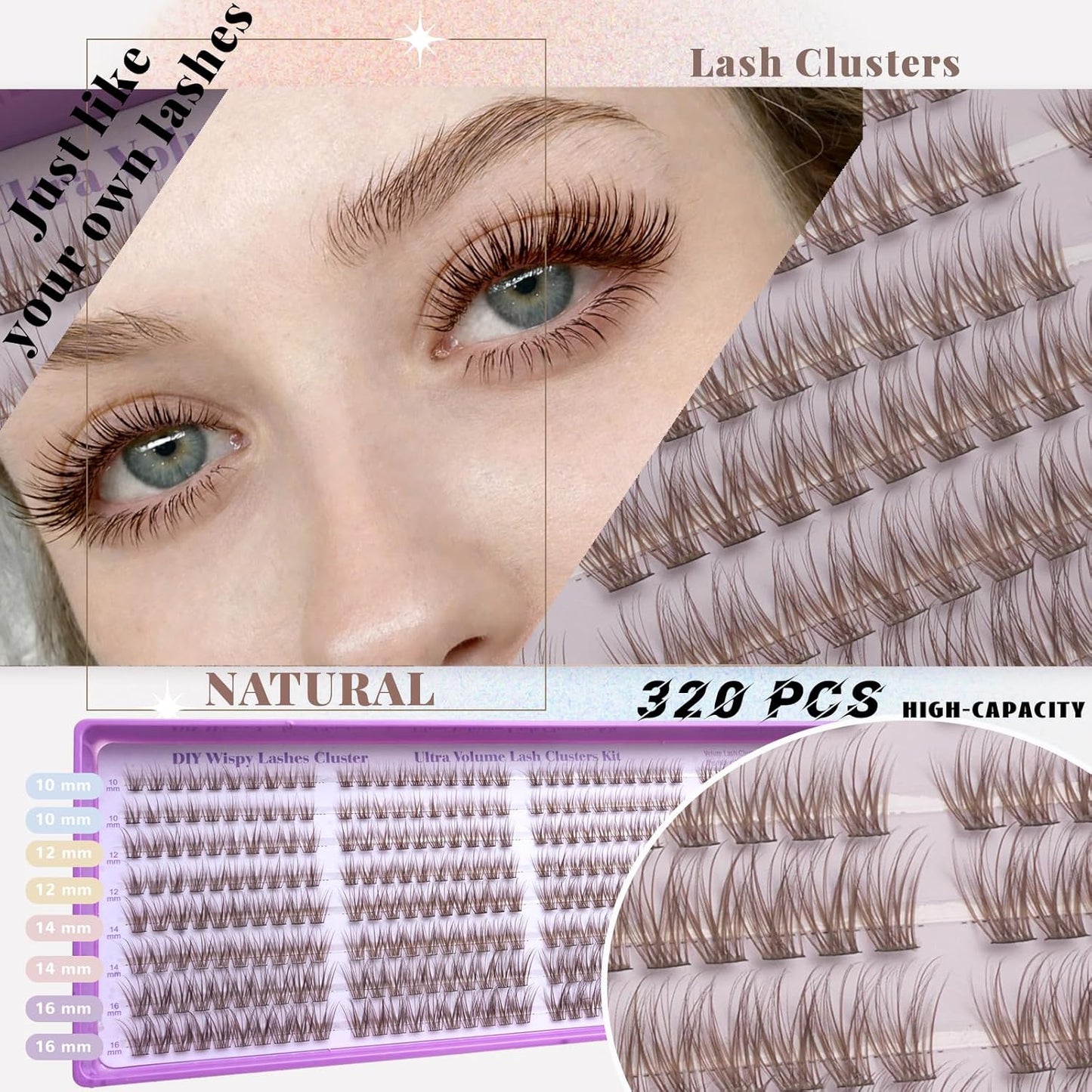 Natural Wispy Lash Cluster Eyelash Extensions - 320 Pcs C Curl 10-16mm Fluffy Individual False Eyelashes | DIY Thin Band for Beginners
